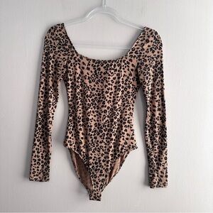 & Other Stories Leopard Print Longsleeve Bodysuit Womens 2 Stretch Square Neck